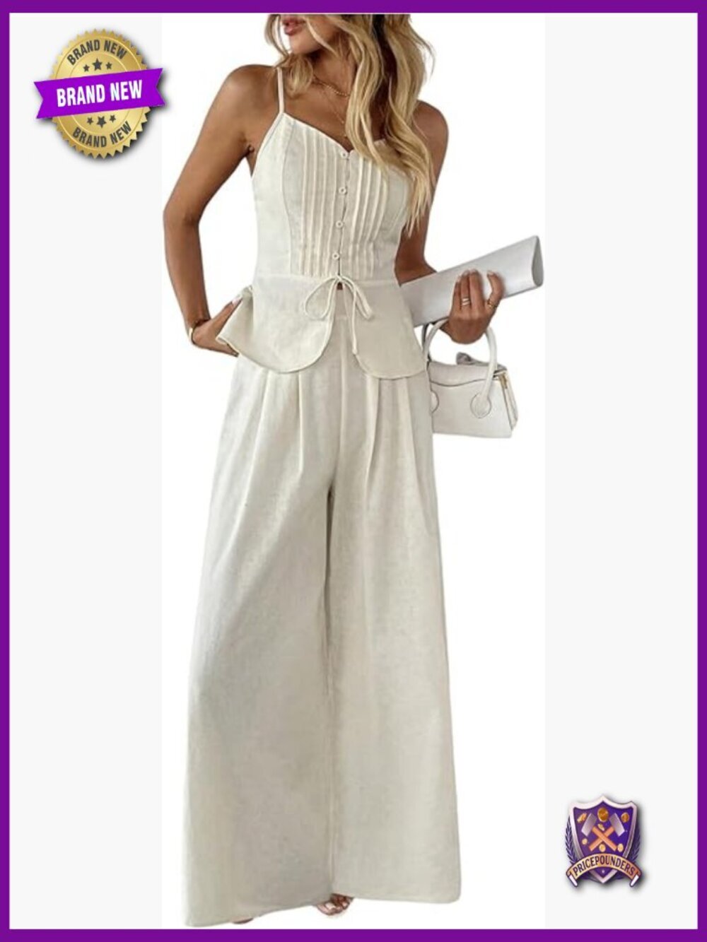 2 Piece Summer Outfit Button Down Cami Top Wide Leg Pants Set